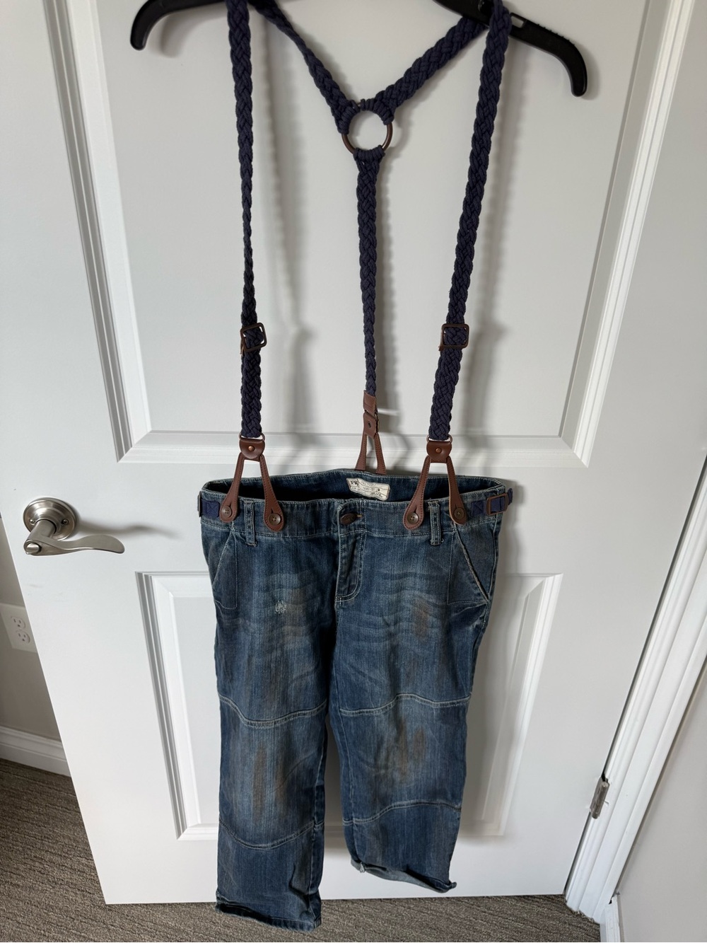 Free People Crochet Boho Suspender Jeans Size 27 Distressed